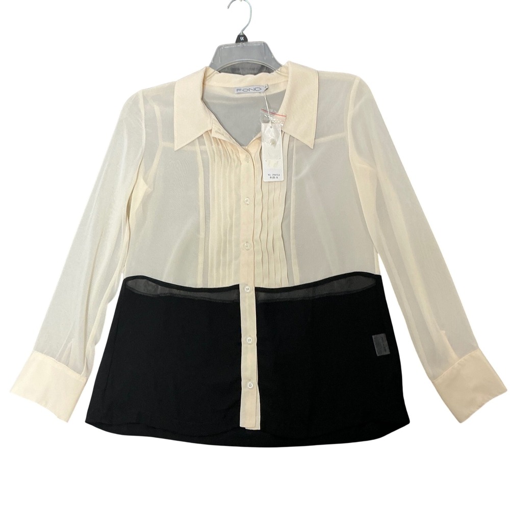 F.O.N.D. Sheer Colorblock Blouse Pintuck Pleat Button Down Cream Black Small NWT